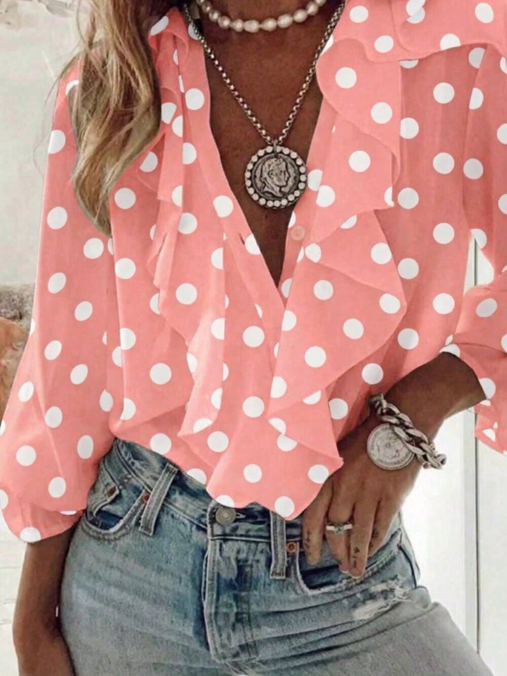 Pink Casual Women's Vacation Blouse with Polka Dot French Patchwork Ruffle Hem